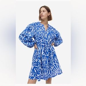 H&M Linen blend dress bright  blue/white patterned.Size medium